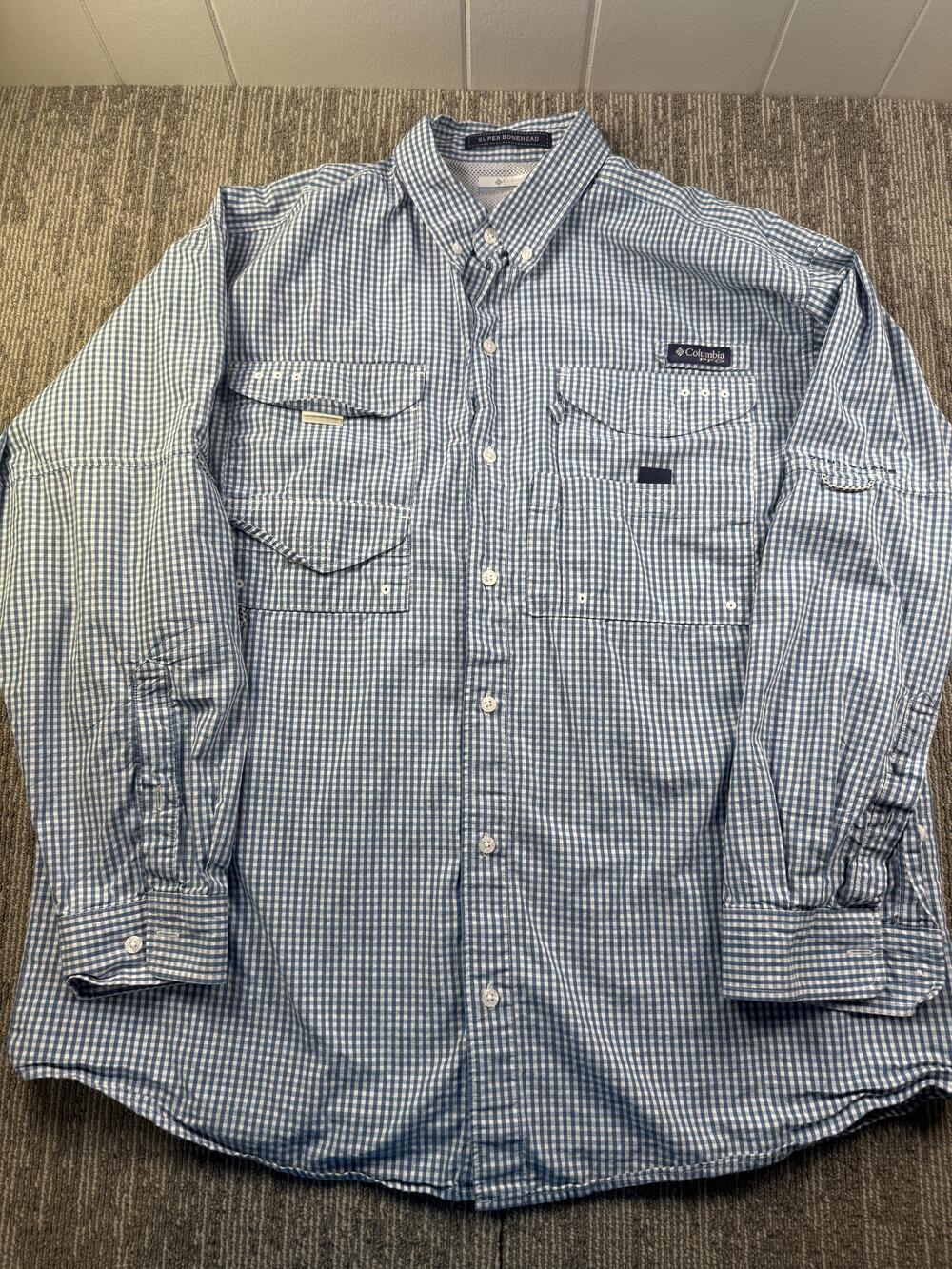 Columbia Super Bonehead Shirt Mens Large Blue Fishing Long Sleeve Button-Up